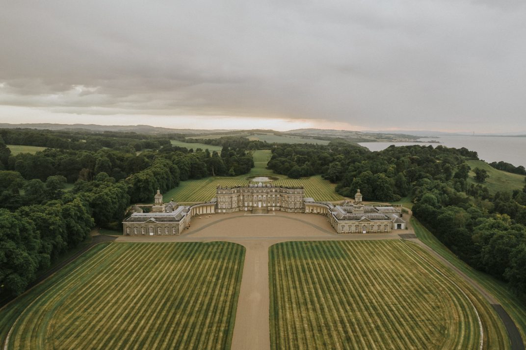 Drone shot of Hopetoun House showing the Grounds surrounding it